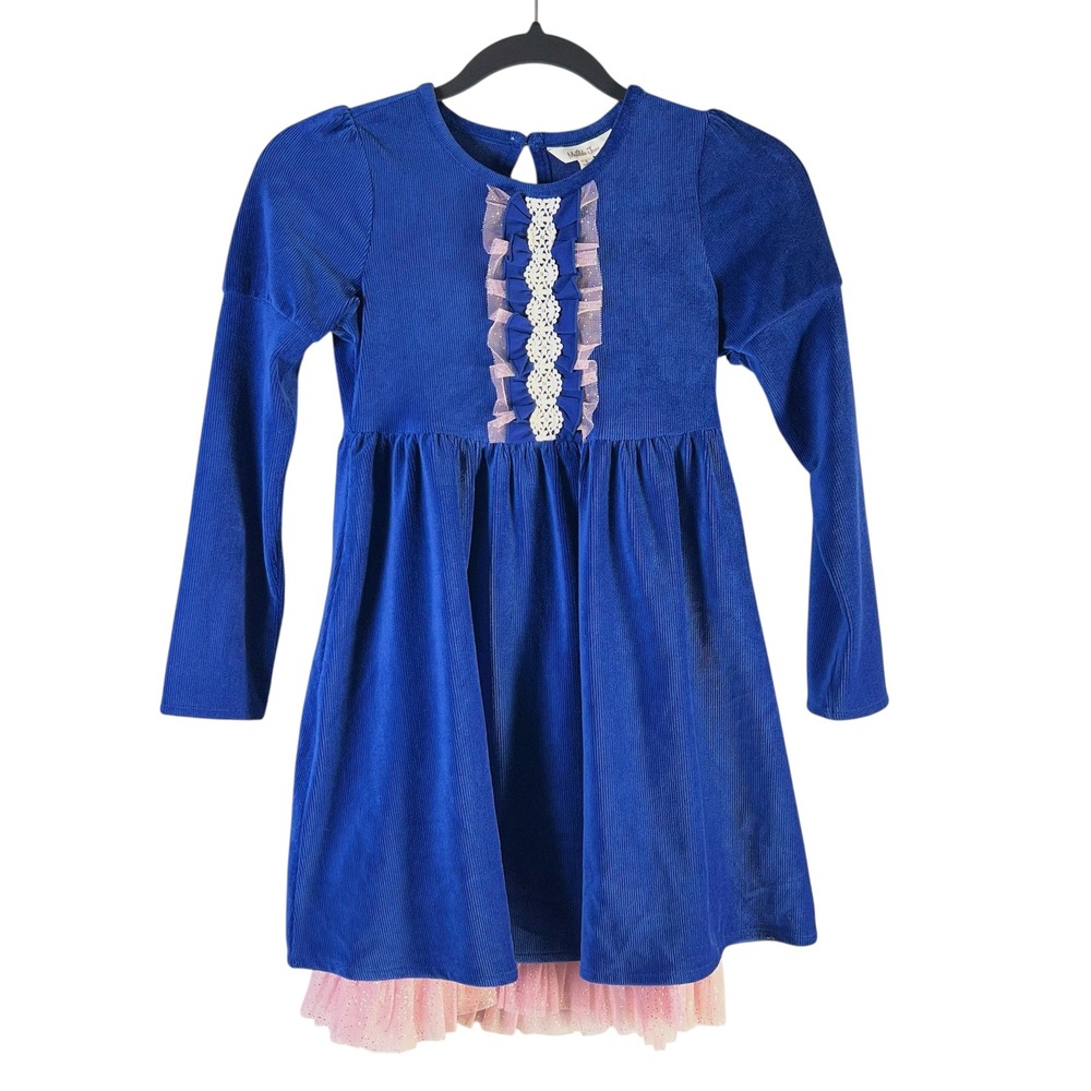 Matilda Jane Girls Sz 8‎ Blue Clara Heart to Heart Corduroy Ruffle Tulle Dress